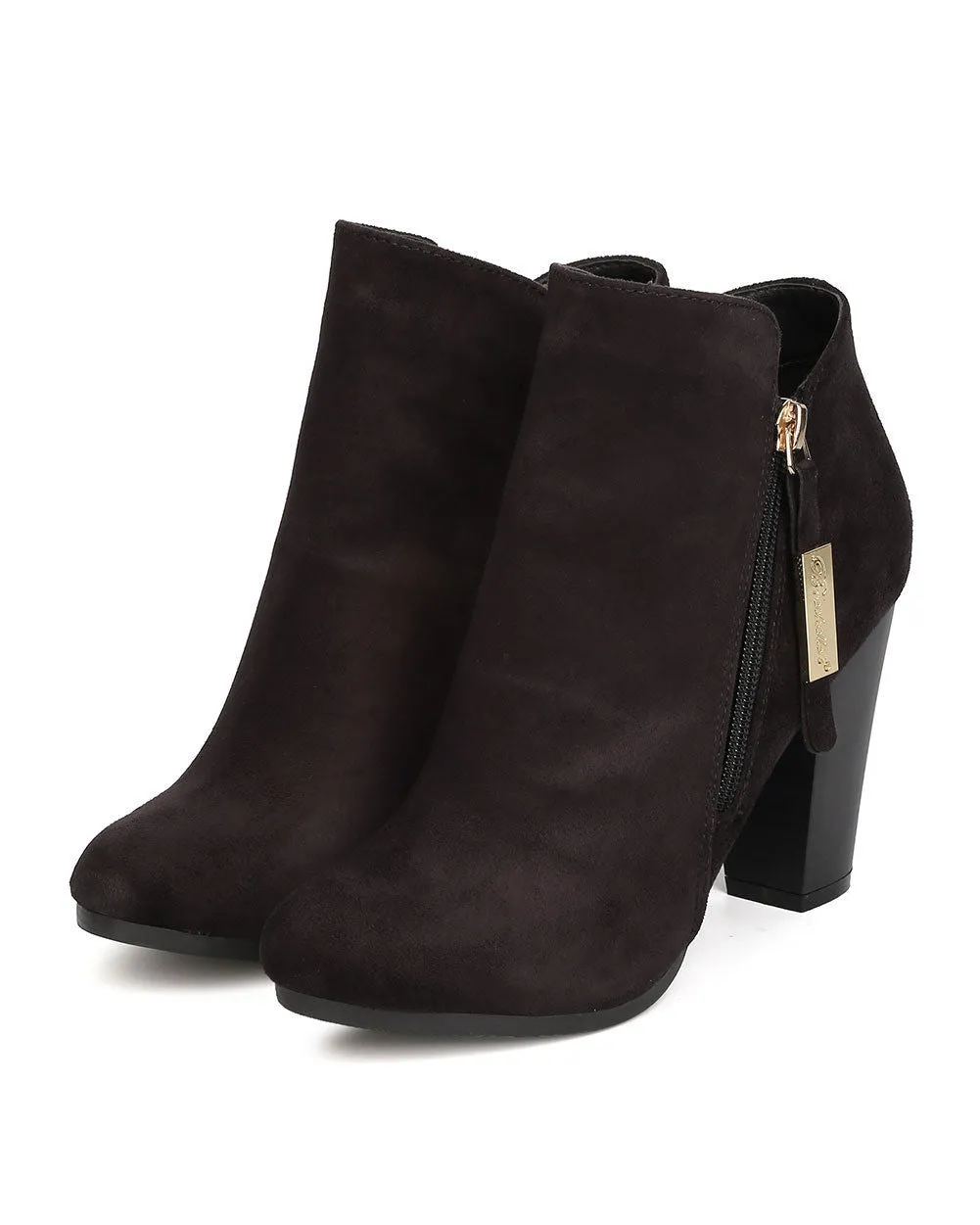Breckelles Gina-31 Black Faux Suede Gold Zippered Chunky Heeled Ankle Booties