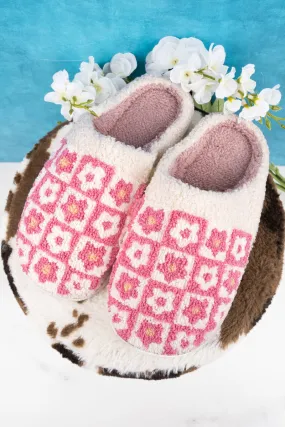 Checked Out Pink Flower Plush Slippers